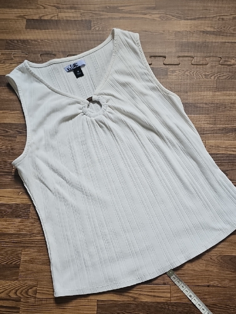 VYLETTE Cream Ribbed Tank with Front Ring Accent